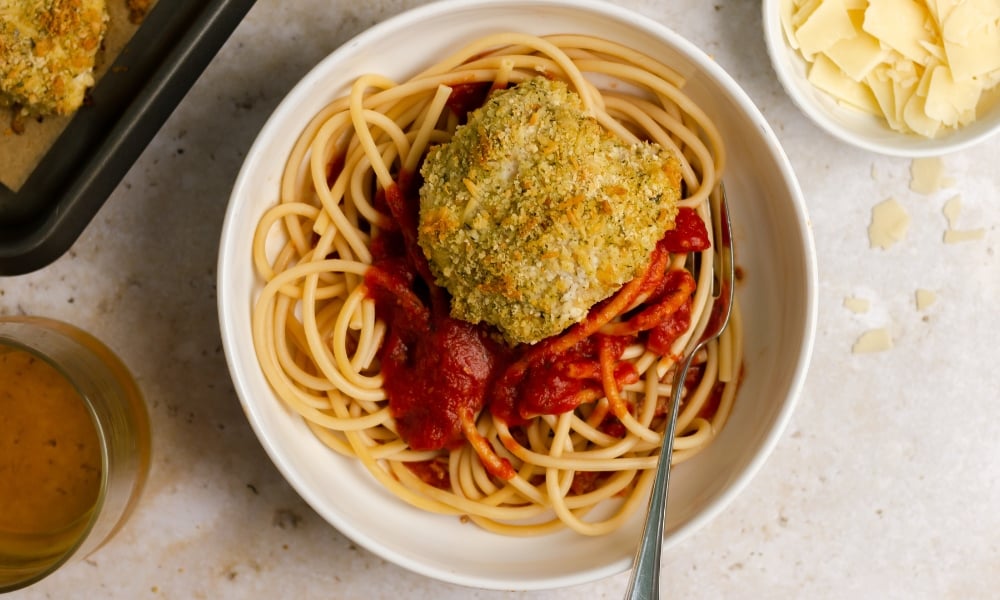 bowl of sheet pan chicken parm