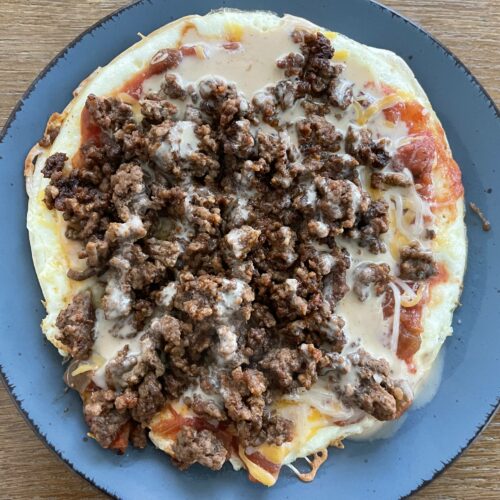 High protein taco pizza with egg white crust