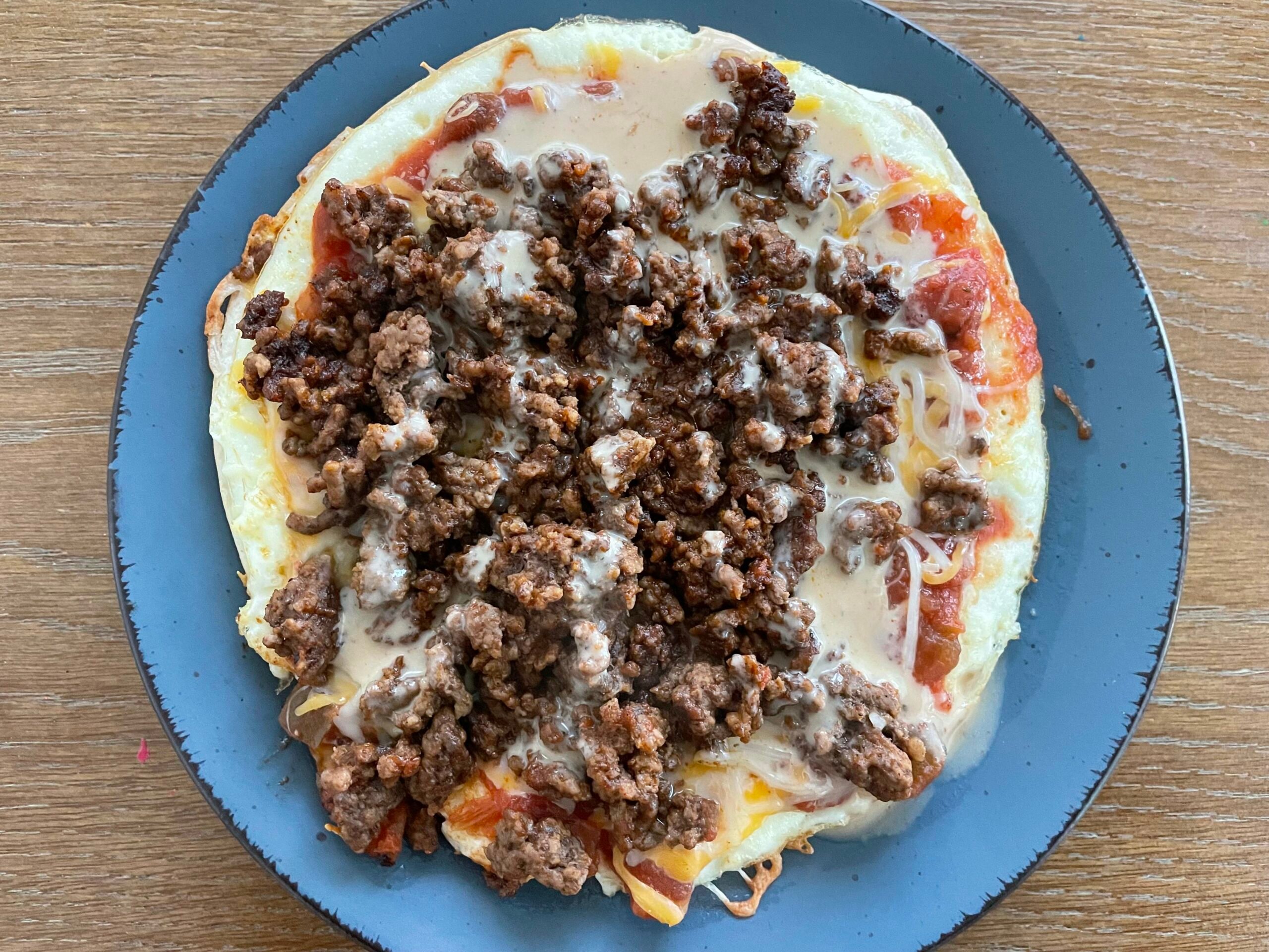 High protein taco pizza with egg white crust