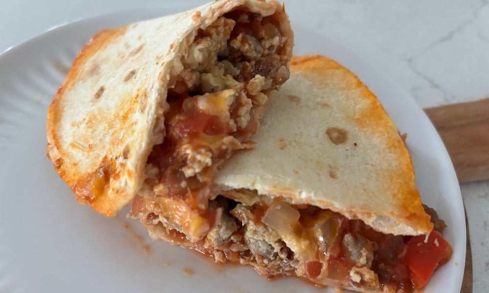 the final dish of my high protein loaded breakfast quesadillas