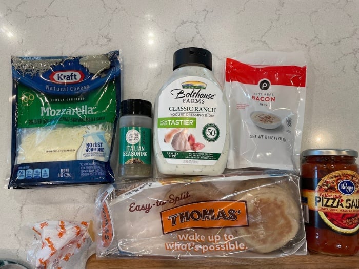 all ingredients for Chicken Bacon Ranch English Muffin Pizza