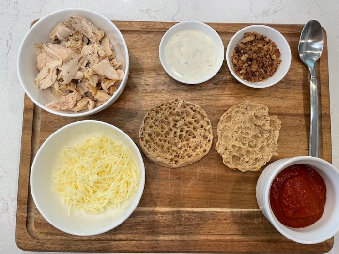 ingredients for Chicken Bacon Ranch English Muffin Pizza