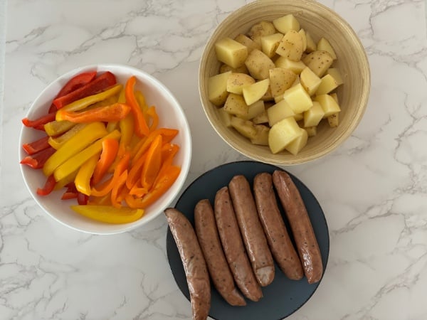 ingredients - sausage and potato sheet pan dinner (1) ingredients portioned out