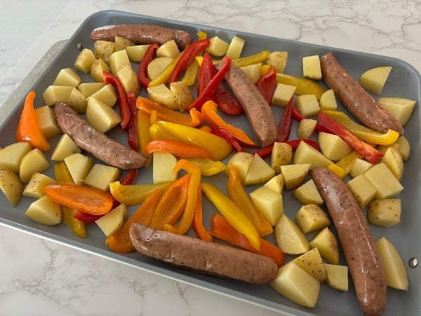 preparing - sausage and potato sheet pan dinner (4) preparing the sheet pan