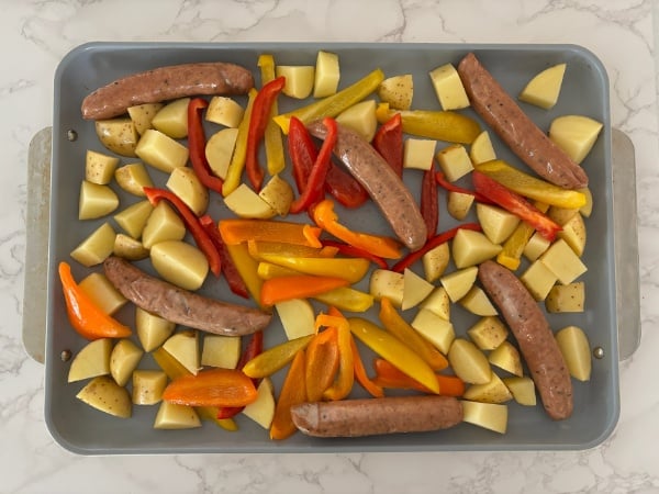 preparing - sausage and potato sheet pan dinner (5) sheet pan with all the ingredients