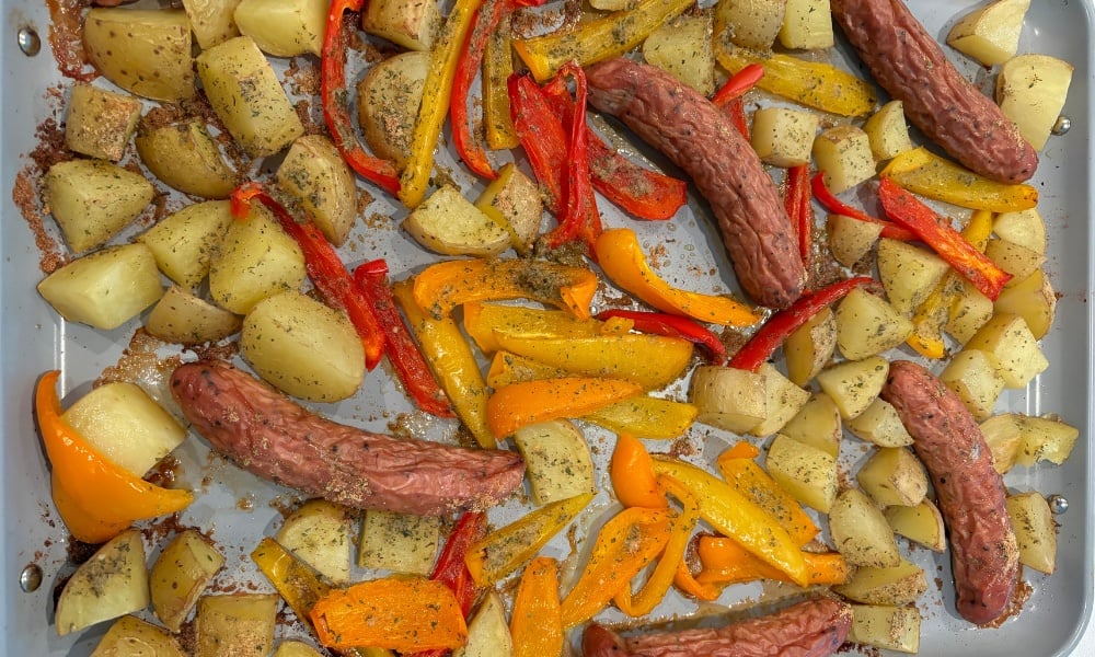 sheet pan sausage and potatoes - high protein