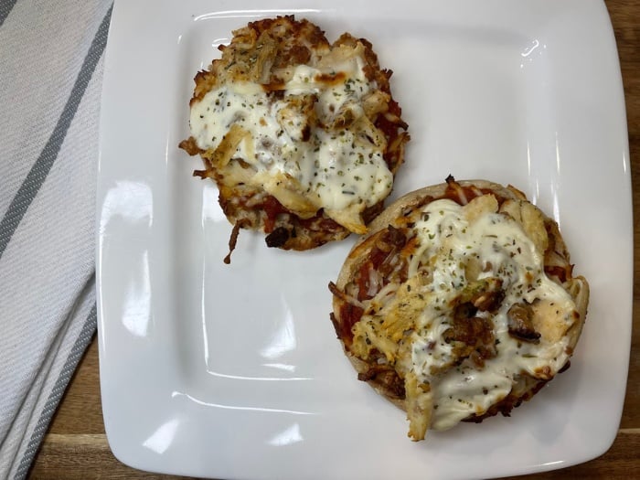 two Chicken Bacon Ranch English Muffin Pizzas