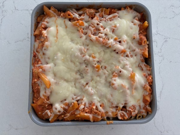 pulling the Cottage Cheese Pasta Bake out of the oven