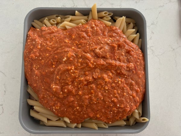 adding the sauce and cottage cheese