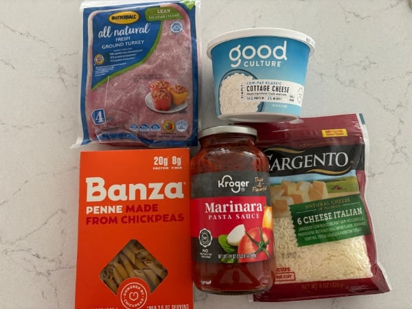 all ingredients for the cottage cheese pasta bake