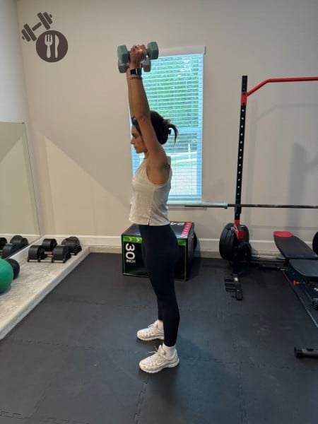 Squat to Dumbbell Press - up position Squat to Dumbbell Press - up position